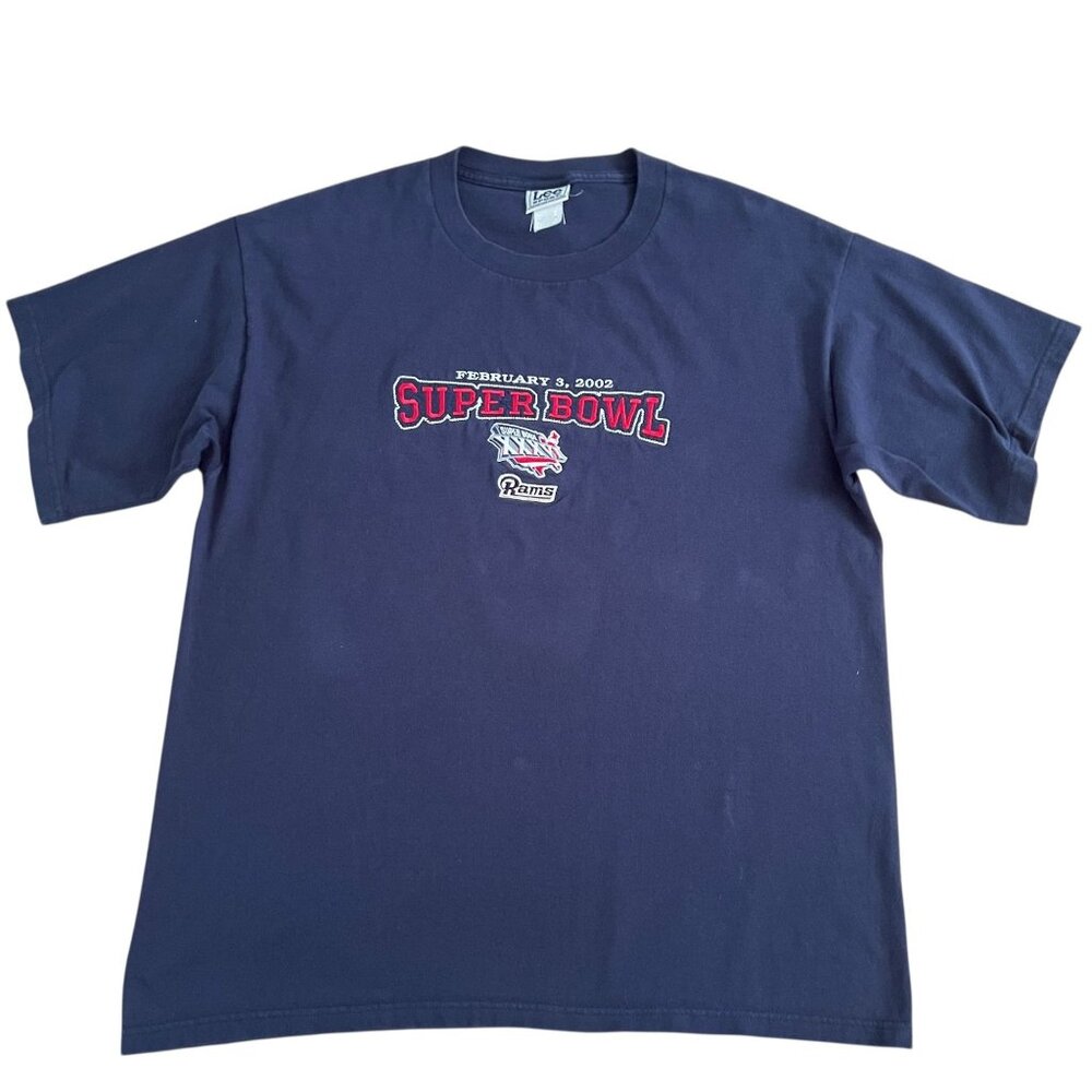 Vintage Rams Super Bowl XXXVI Football T-Shirt Large NFL Navy Fancore Lee Game